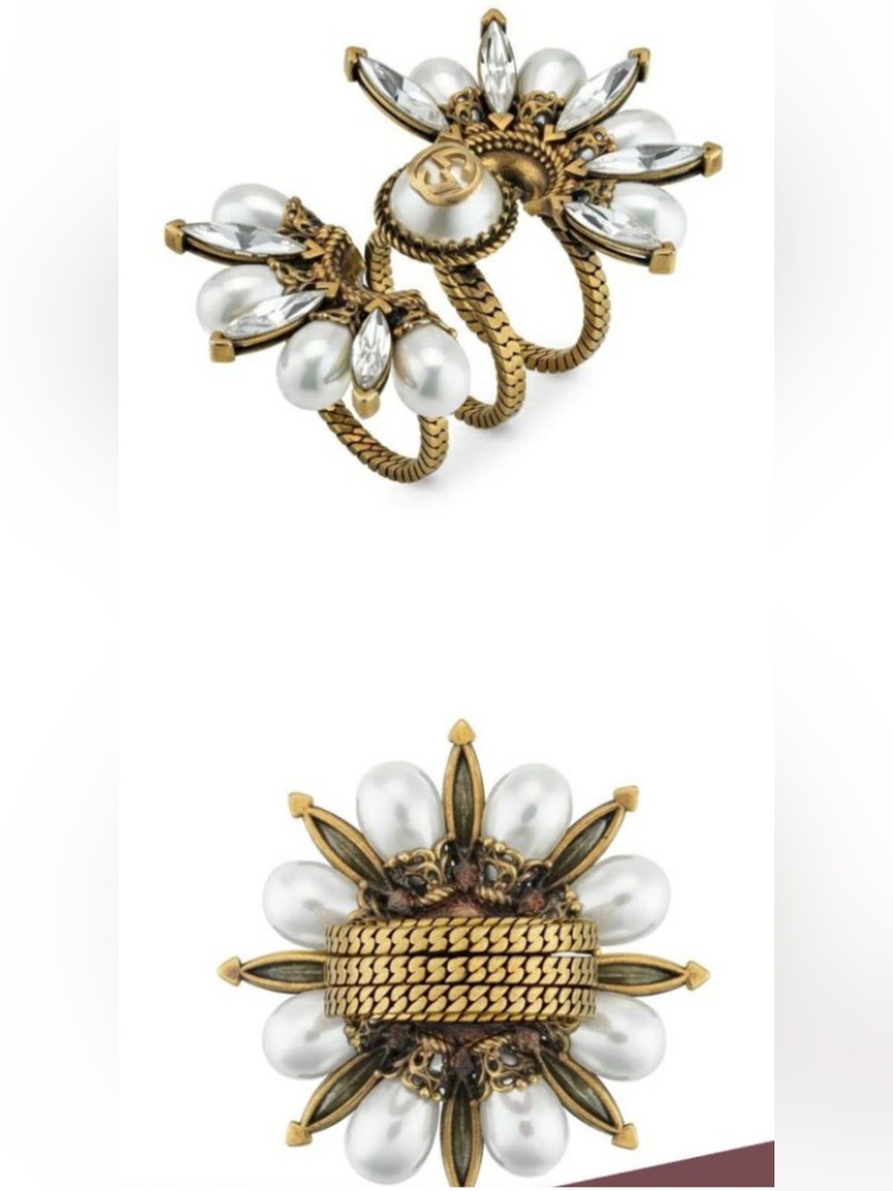 Gucci Gold-Tone Double Flower Ring with White Pearls and Crystal Marquises - Picture 5 of 10